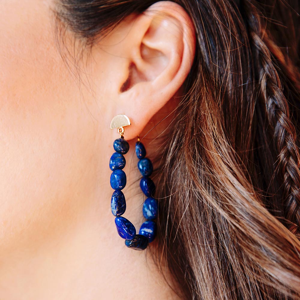 Neomi blue stone earrings, lapis lazuli earrings on left side close up