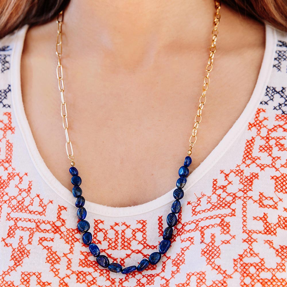 Neomi multi way lapis lazuli stone long necklace close up.