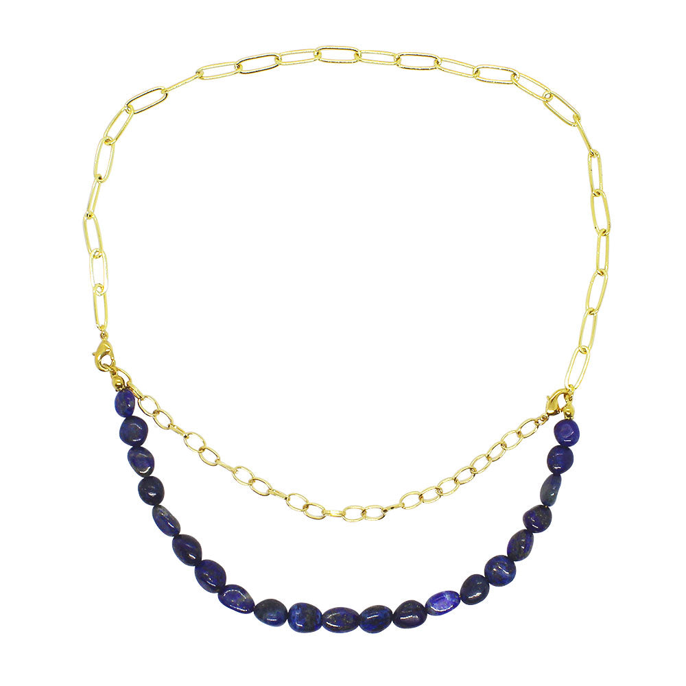 Neomi multi way stone necklace, gold chain and blue stone necklace.