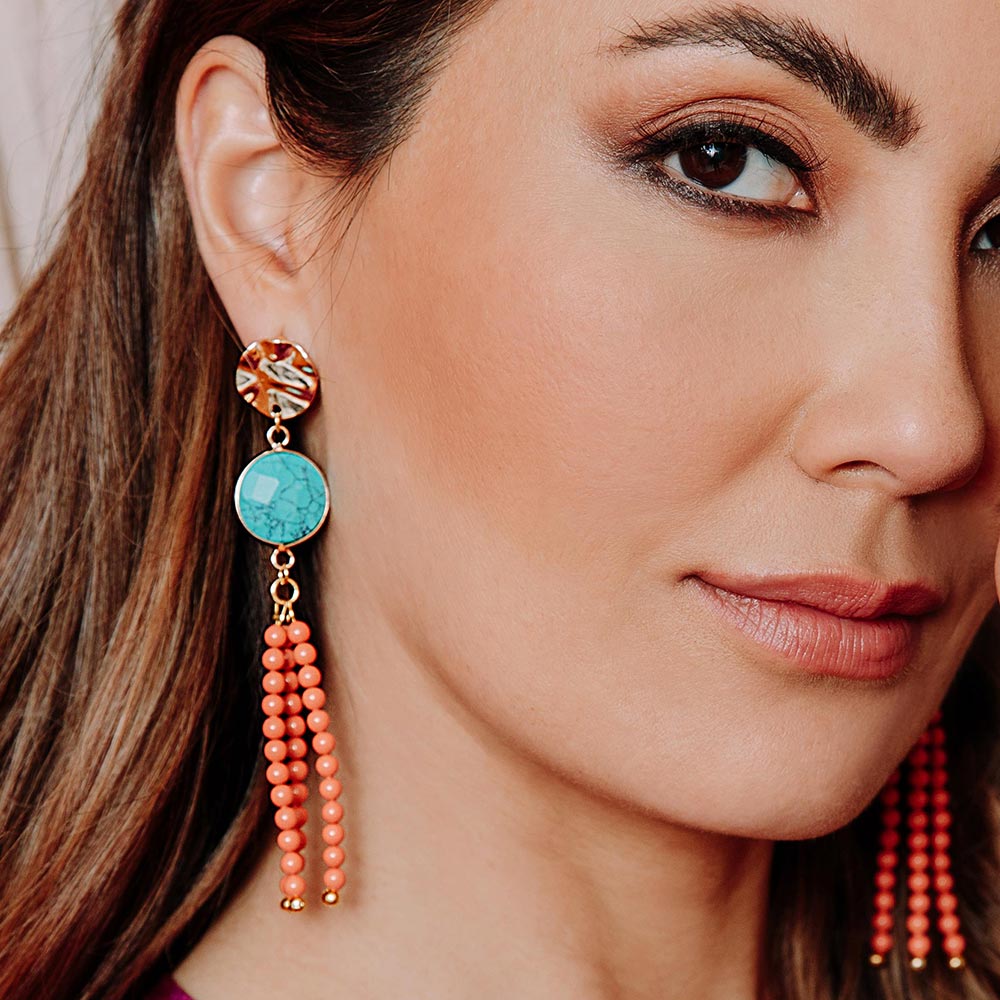 Tinashe turquoise and coral tassel earrings right side