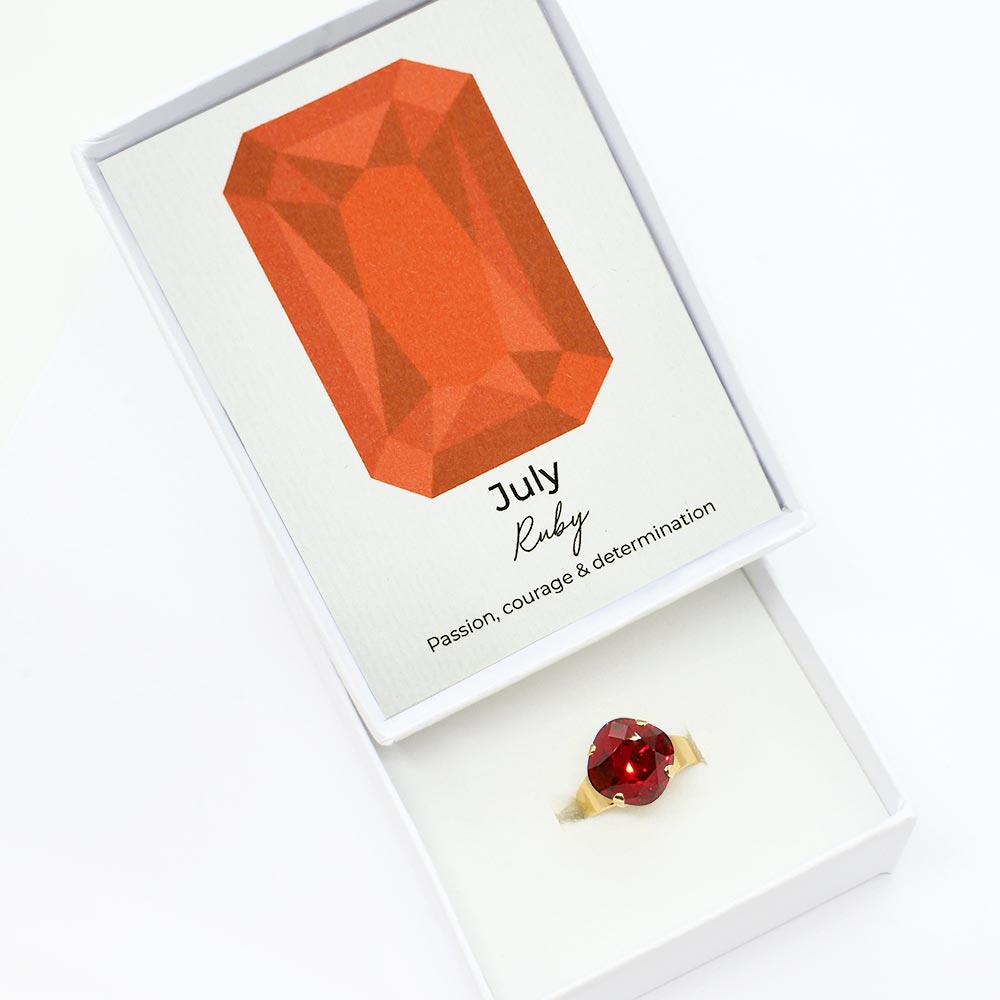 Zodiac birthstone ring July ruby with gold band in gift box with birthstone card.