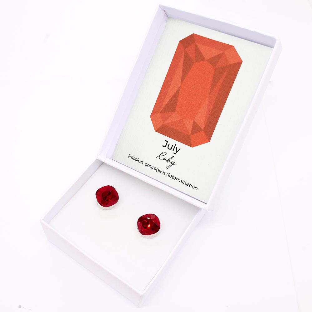Zodiac birthstone stud earrings July ruby and gold in gift box with birthstone card.
