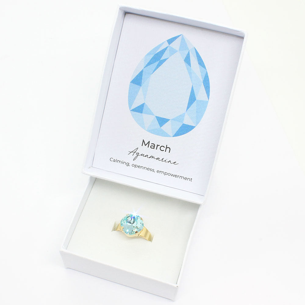 March aquamarine Zodiac birthstone crystal ring with box