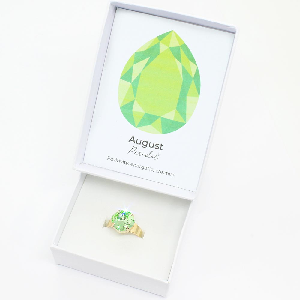 Zodiac crystal birthstone ring August peridot with gold band in box with birthstone card