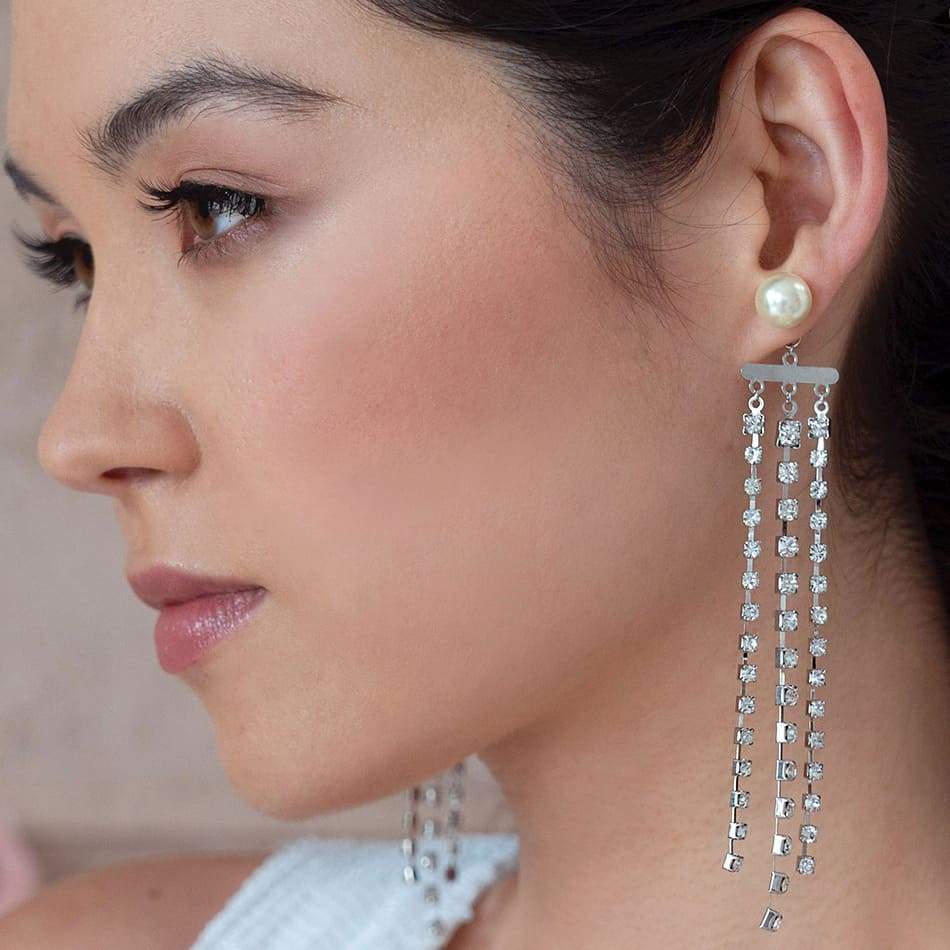 Alexi Modern Chic Bridal Earrings on left ear