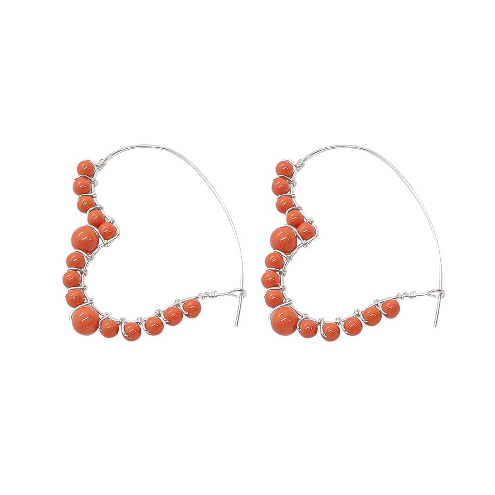 Coral Orange & Silver Amelie Pearl Heart Hoop Earrings