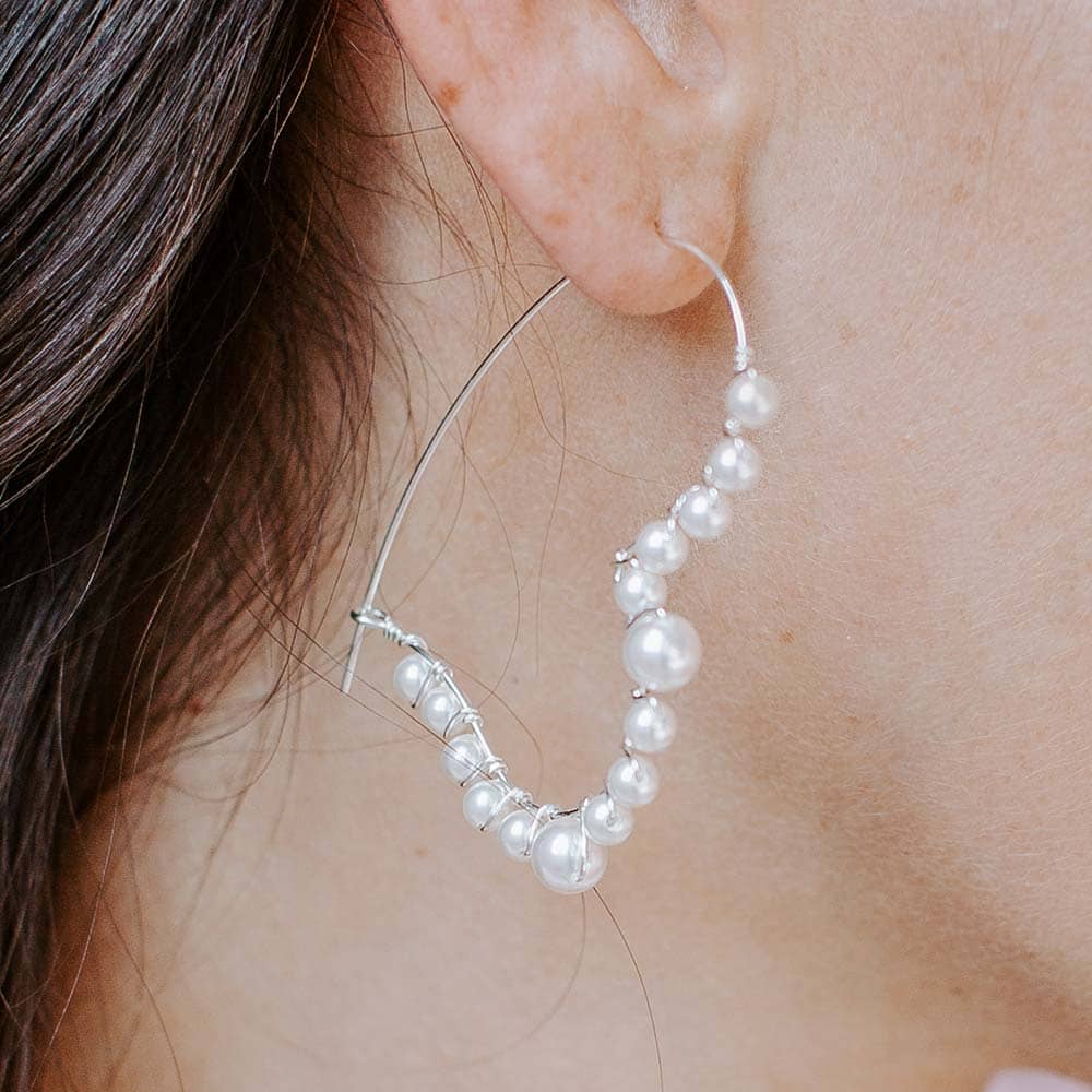 Amelie Pearl Heart Hoop Earrings right ear closeup