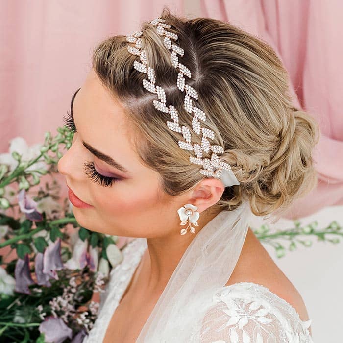 Aurelie bride headband and veil in rose gold with ivory tulle top view