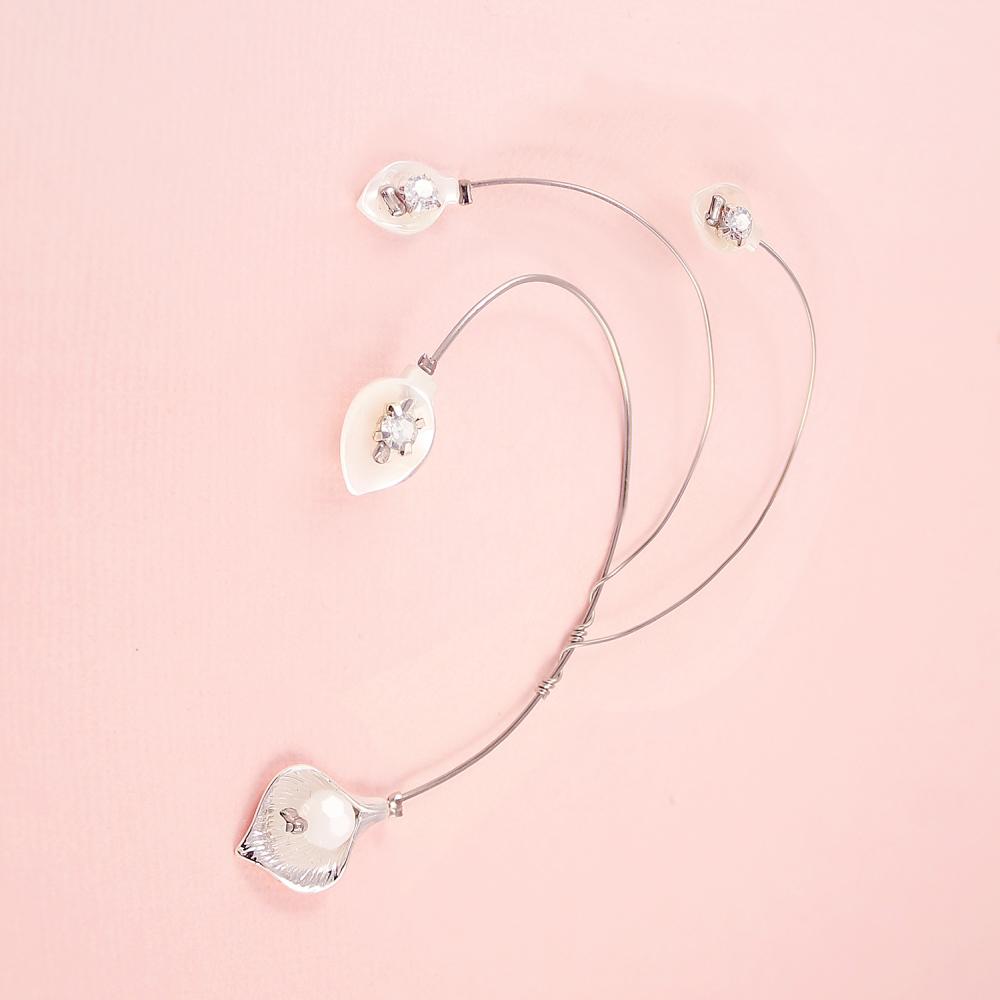 Silver Azami Mother of Pearl Lily Bridal Ear Crawler on pink