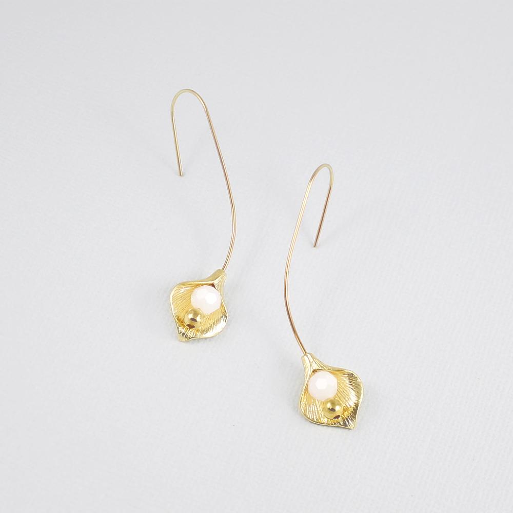 Gold Azami Lily Bridal Hook Earrings on grey