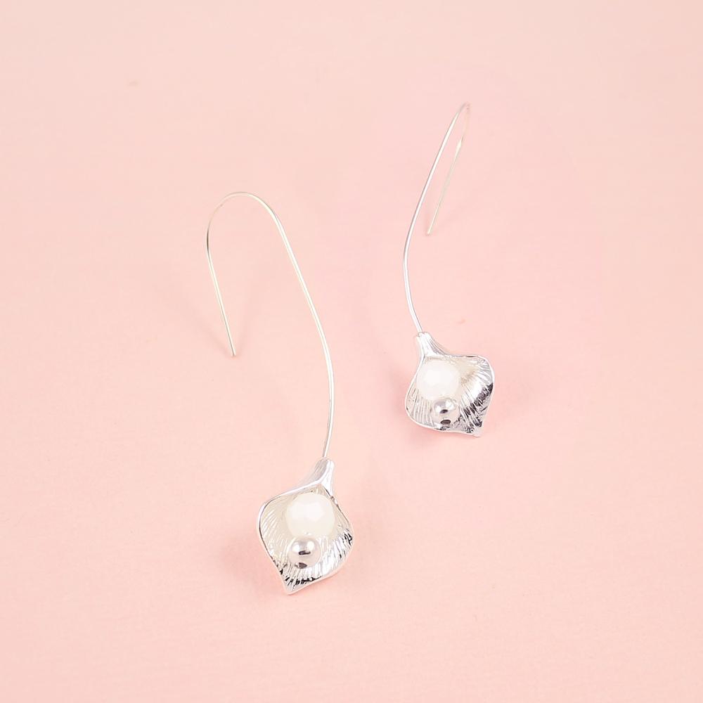 Silver Azami Lily Bridal Hook Earrings on pink