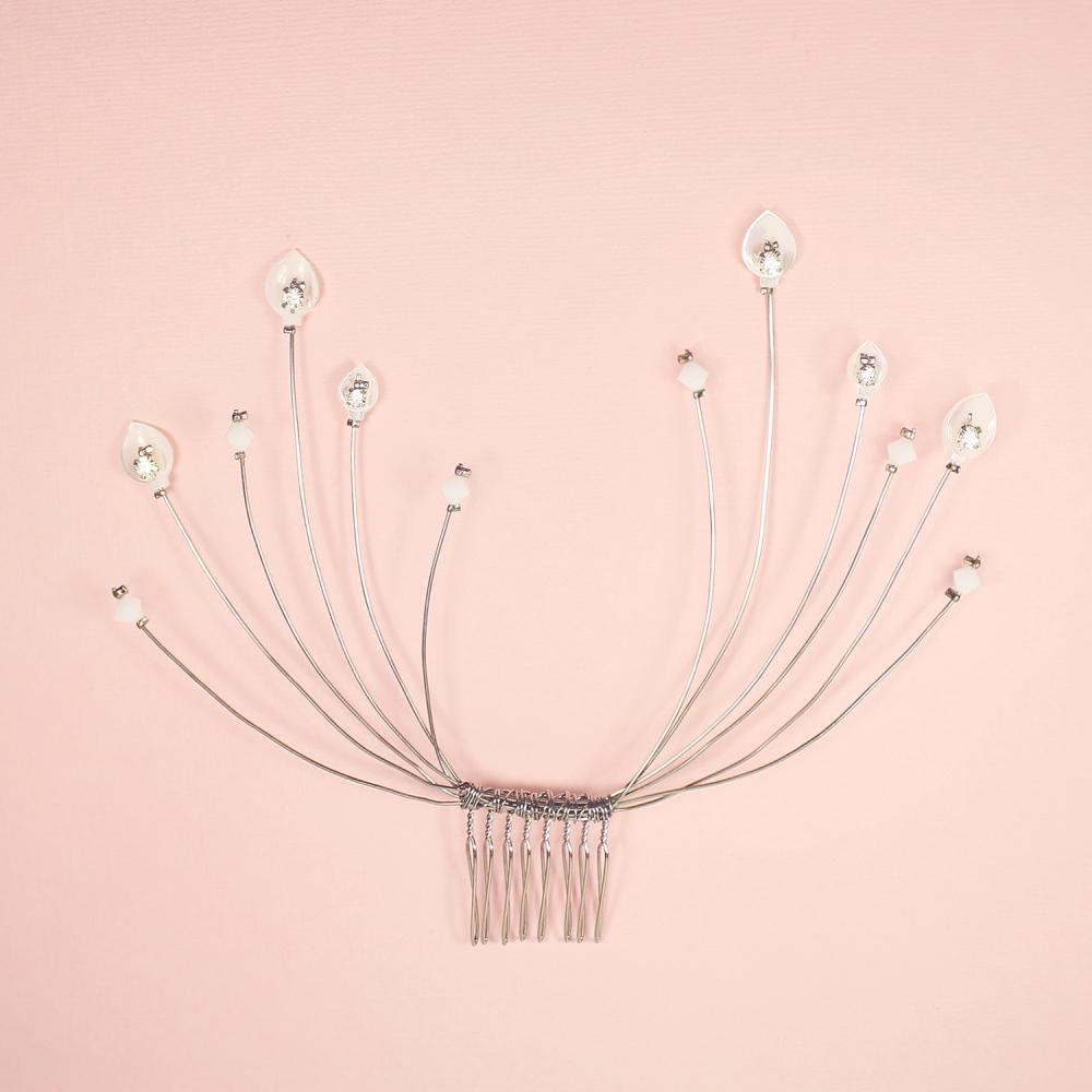 Silver Azami Radiating Lily Bridal Hair Comb on pink