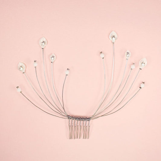 Silver Azami Radiating Lily Bridal Hair Comb on pink