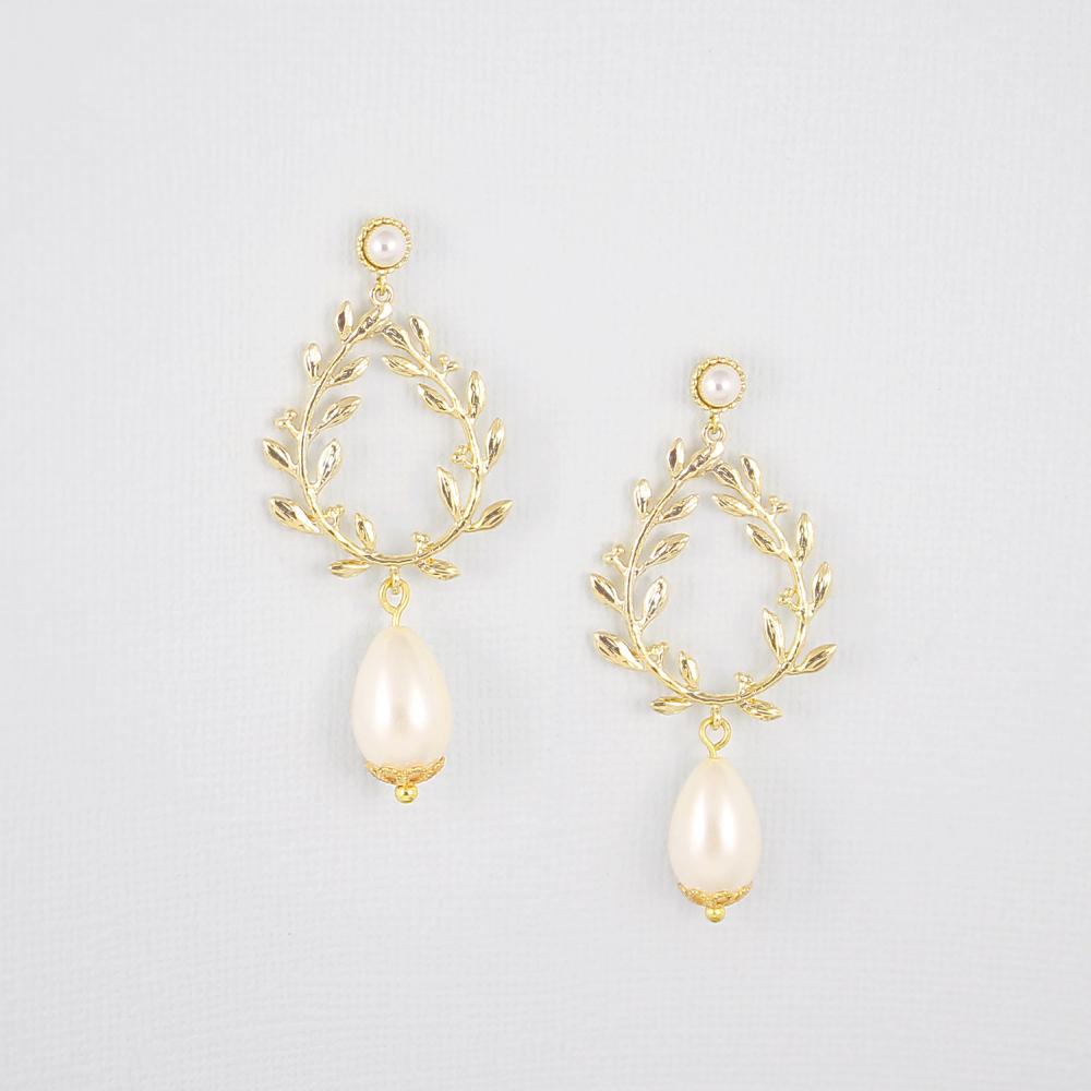 Gold Cassia Pearl Drop Bridal Earrings on grey