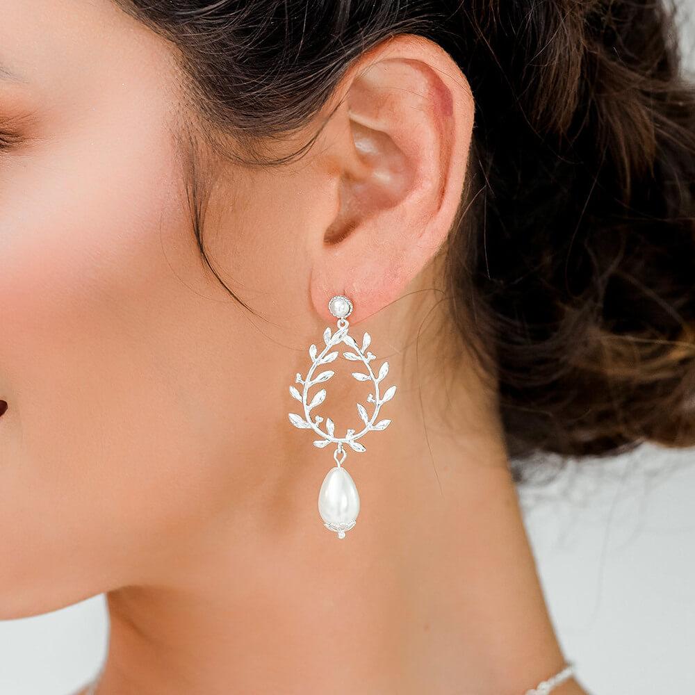 Silver Cassia Pearl Drop Bridal Earrings from close