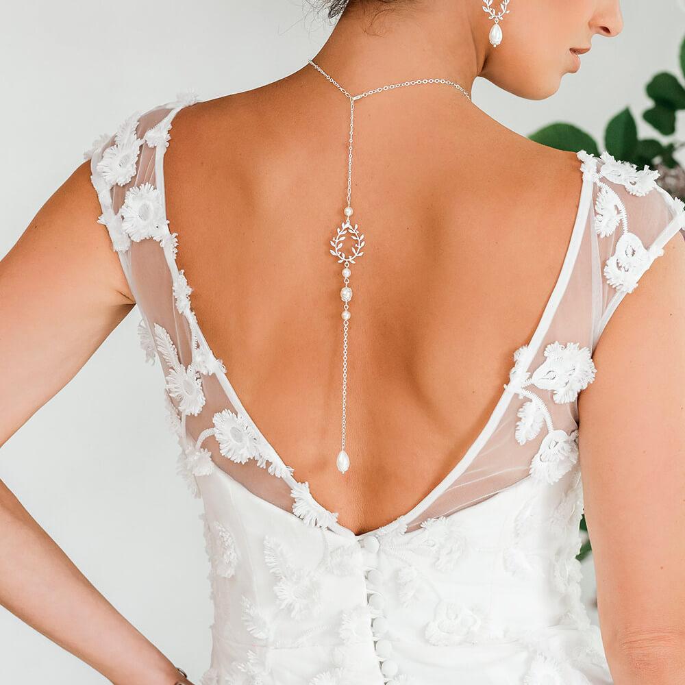 Silver Cassia Leaf Backdrop Bridal Necklace from back