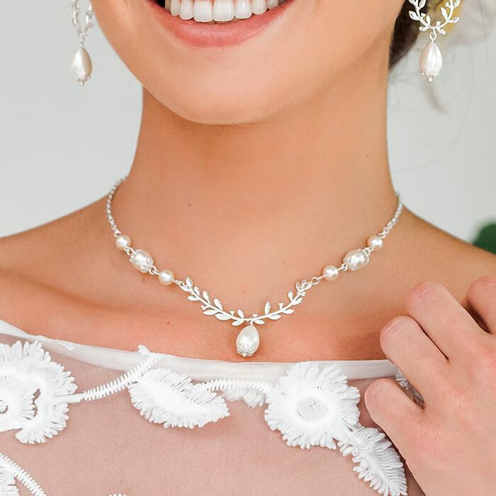 Silver Cassia Leaf Backdrop Bridal Necklace from front