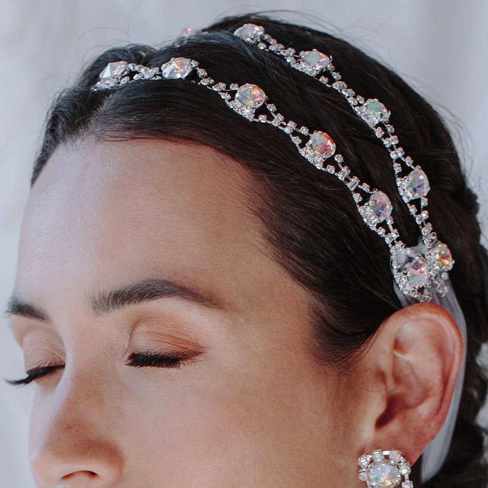 Chandra Iridescent Headband Veil close left