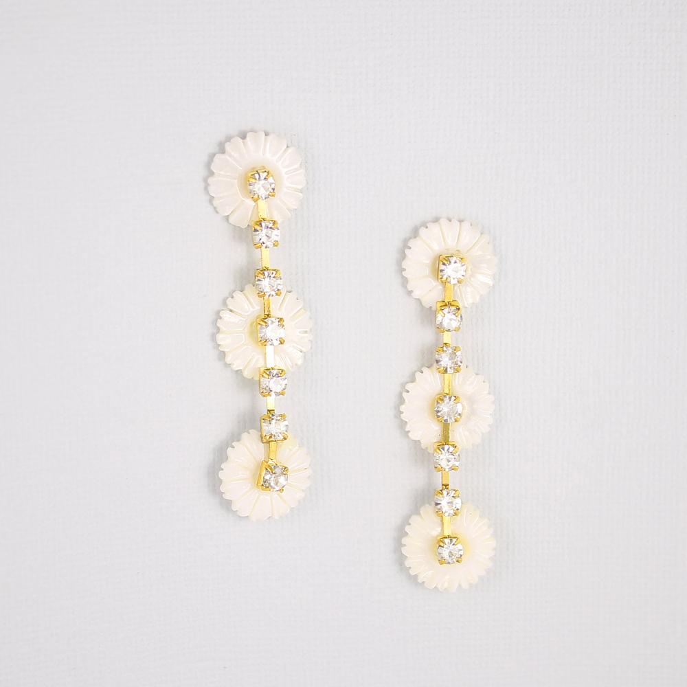 Gold Chloe Pearl Daisy Earrings on grey