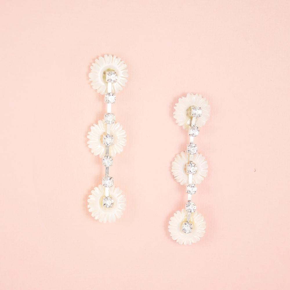 Silver on Chloe Pearl Daisy Earrings on pink