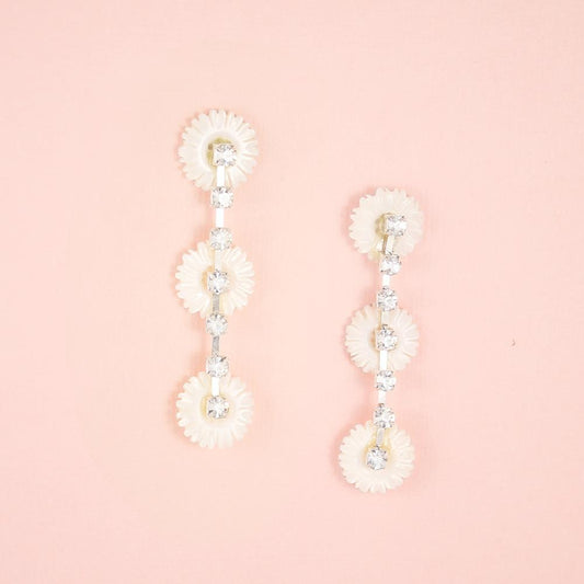 Silver on Chloe Pearl Daisy Earrings on pink