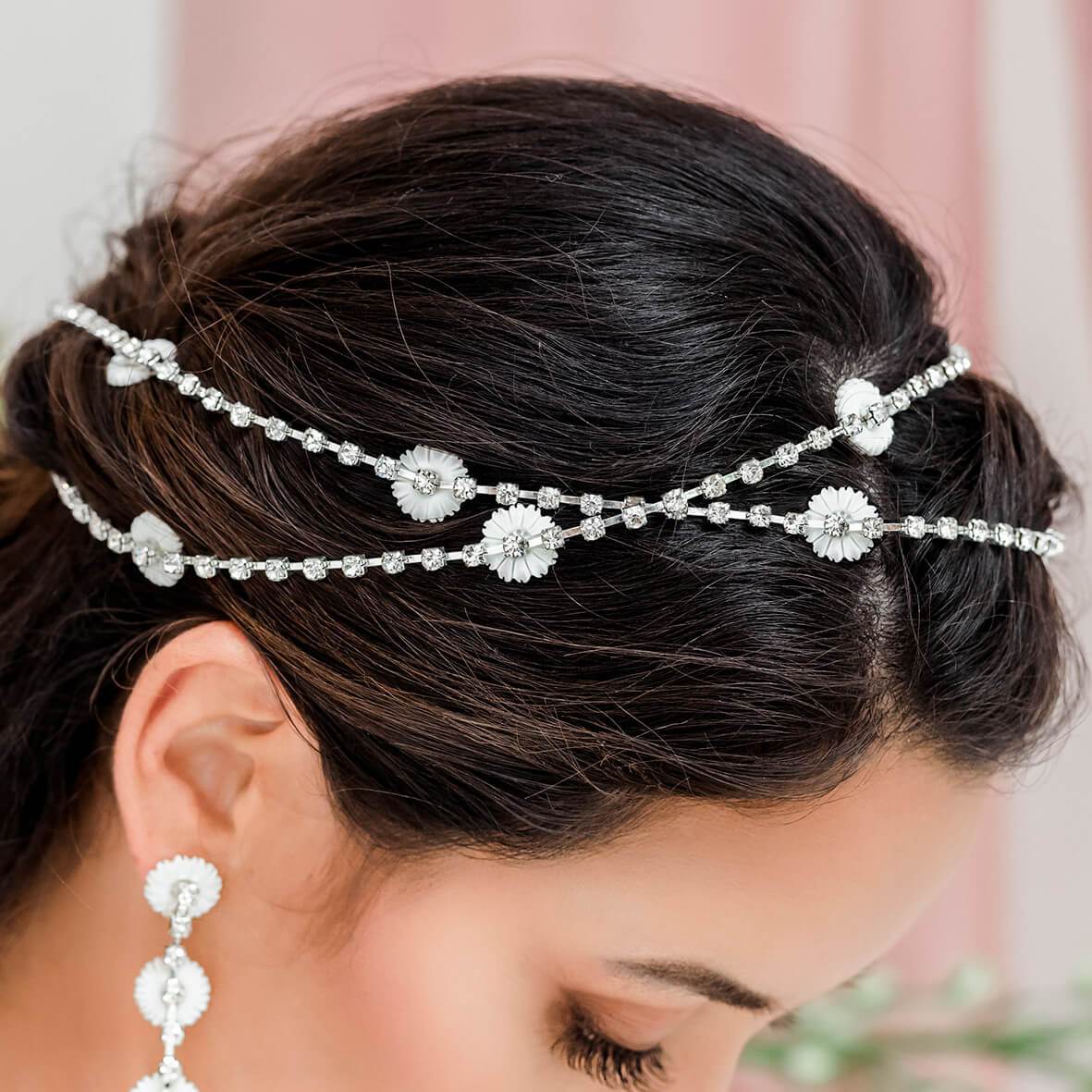 Silver Chloe Bridal Daisy Head Chain from side in X