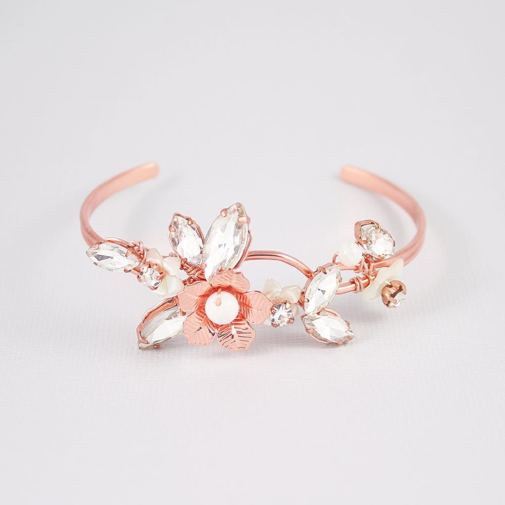 Rose gold Dahlia French Bridal Cuff Bracelet on grey