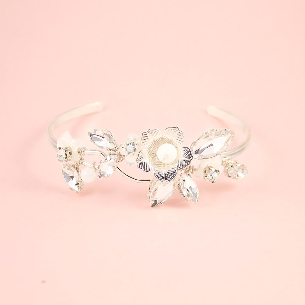 Silver Dahlia French Bridal Cuff Bracelet on pink