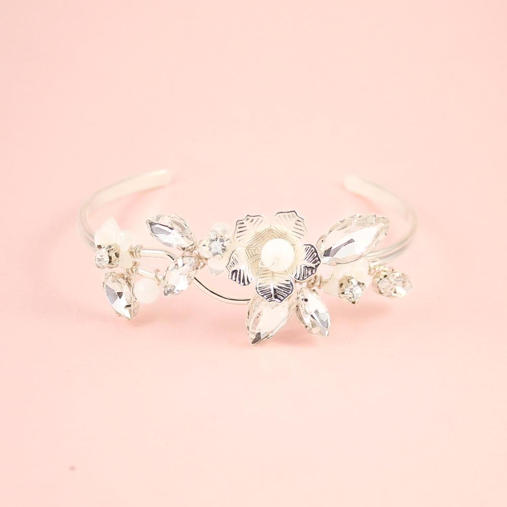 Silver Dahlia French Bridal Cuff Bracelet on pink