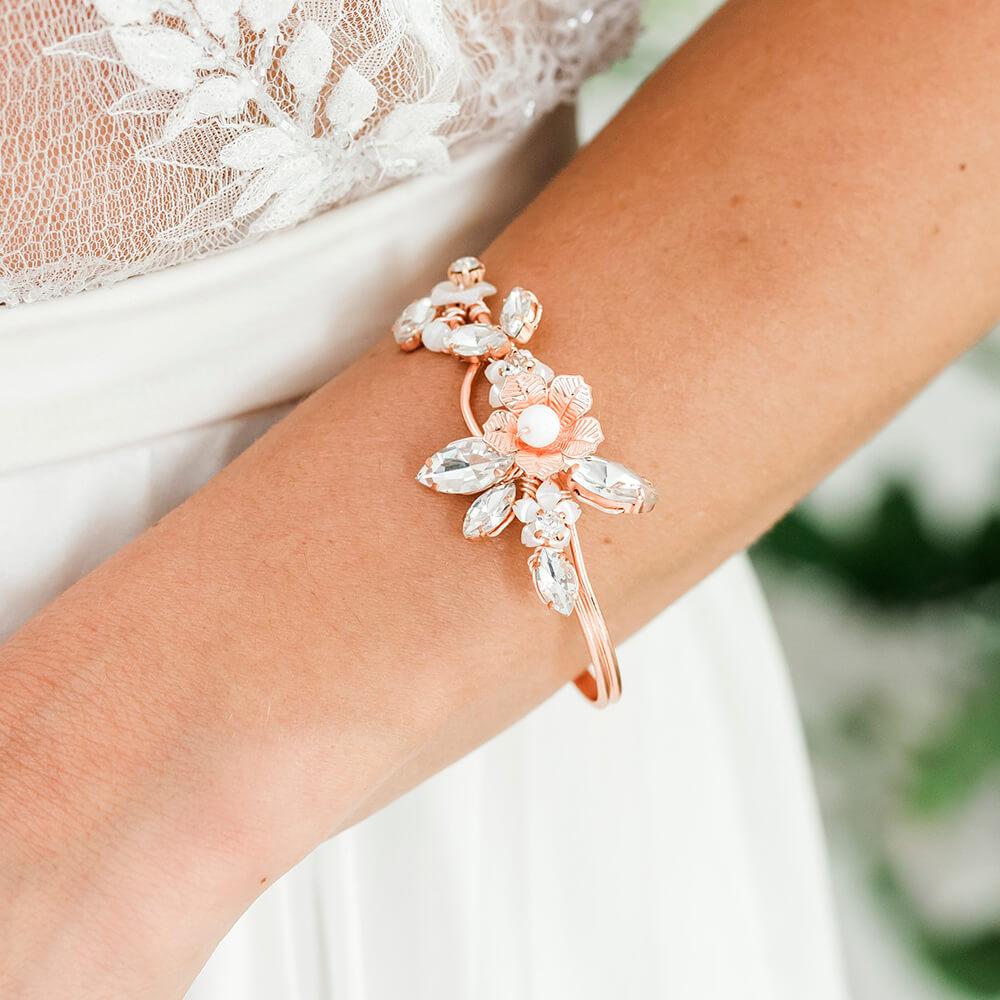 Rose gold Dahlia French Bridal Cuff Bracelet from close