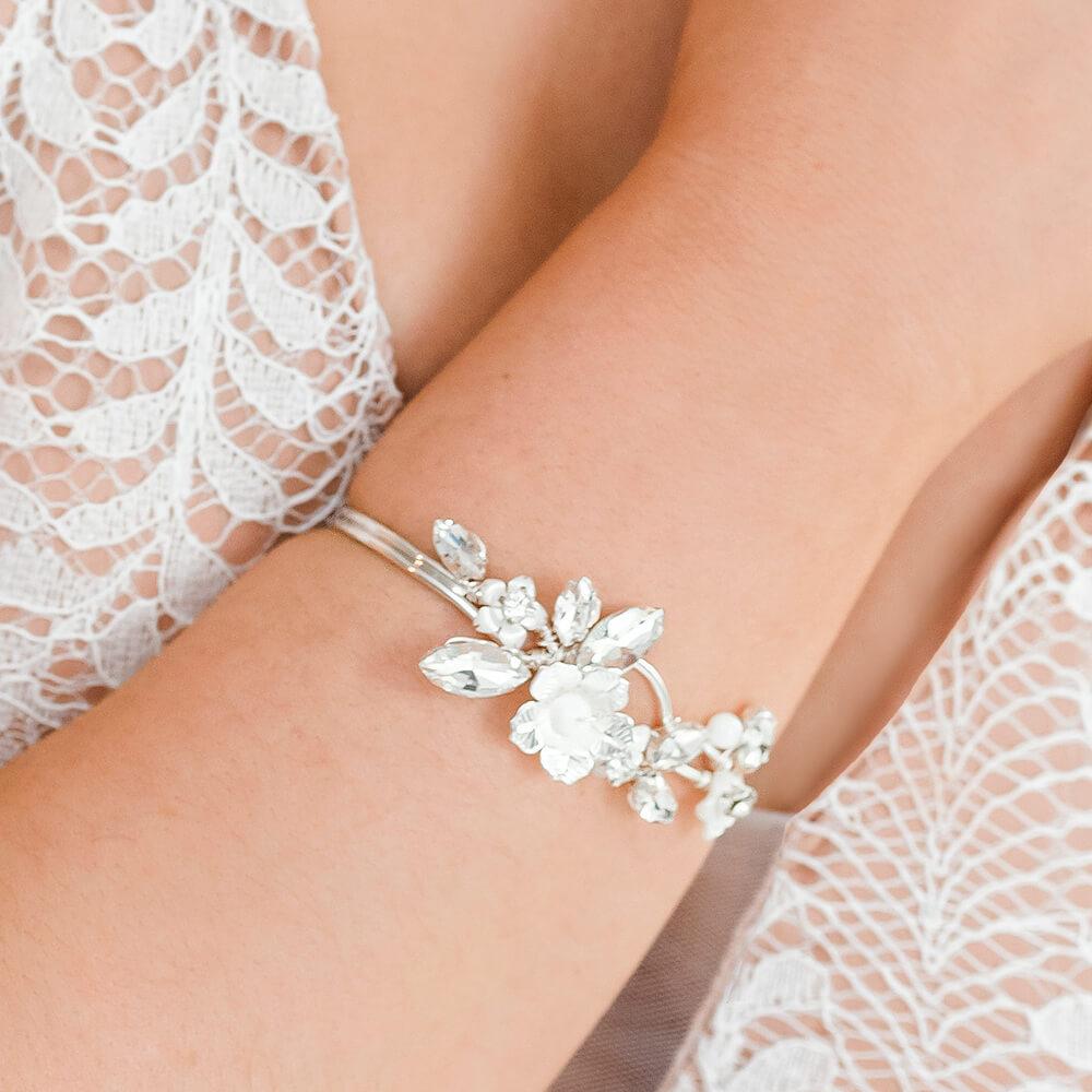 Silver Dahlia French Bridal Cuff Bracelet from close