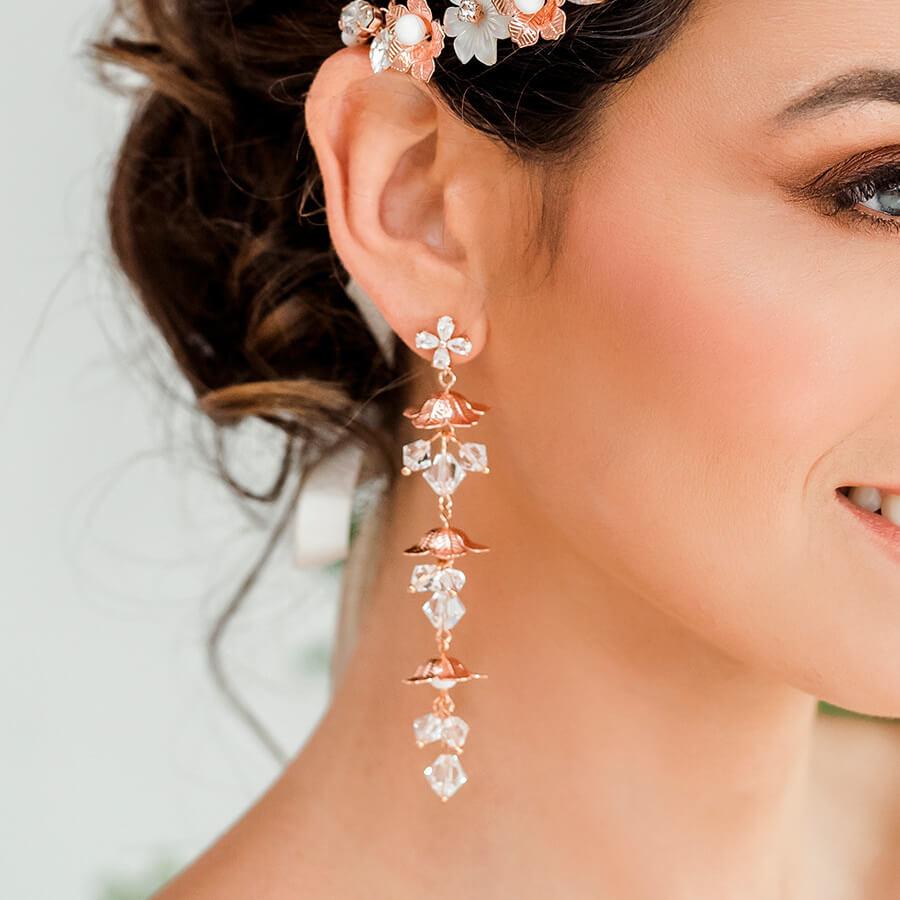 Rose gold Dahlia Flower Dangle Bridal Earrings from close