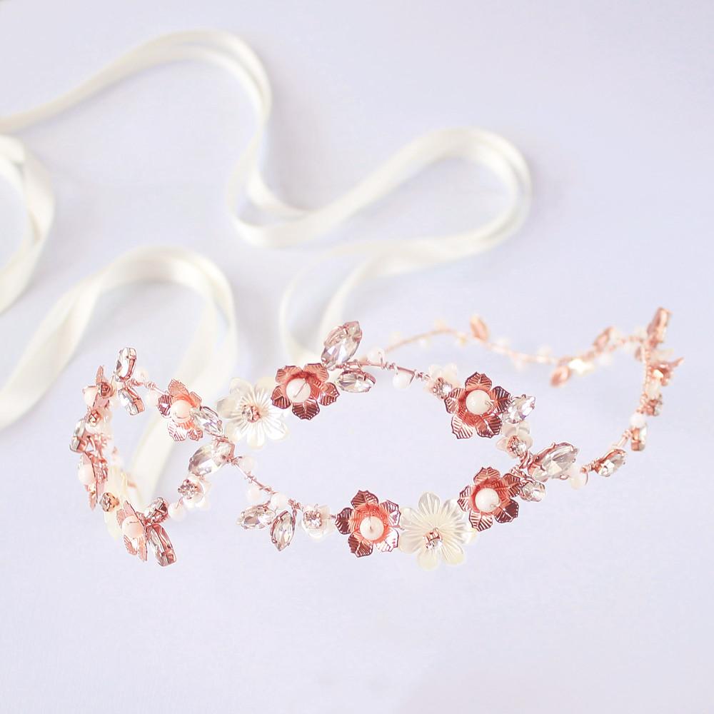 Rose gold Dahlia Infinity Floral Bridal Crown on grey