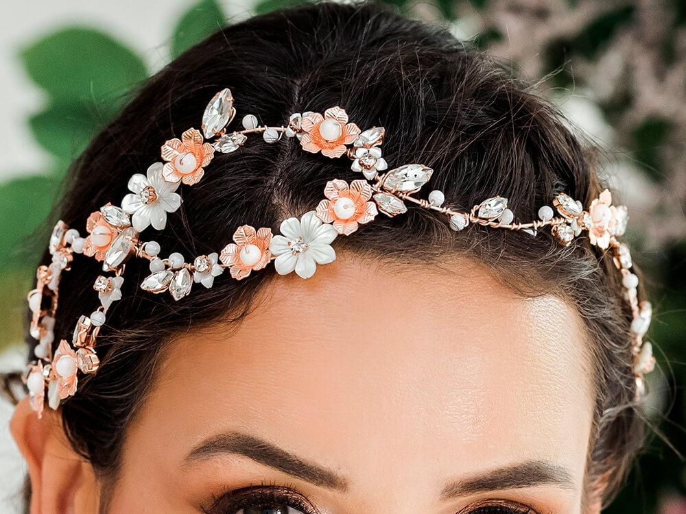 Rose gold Dahlia Infinity Floral Bridal Crown from front