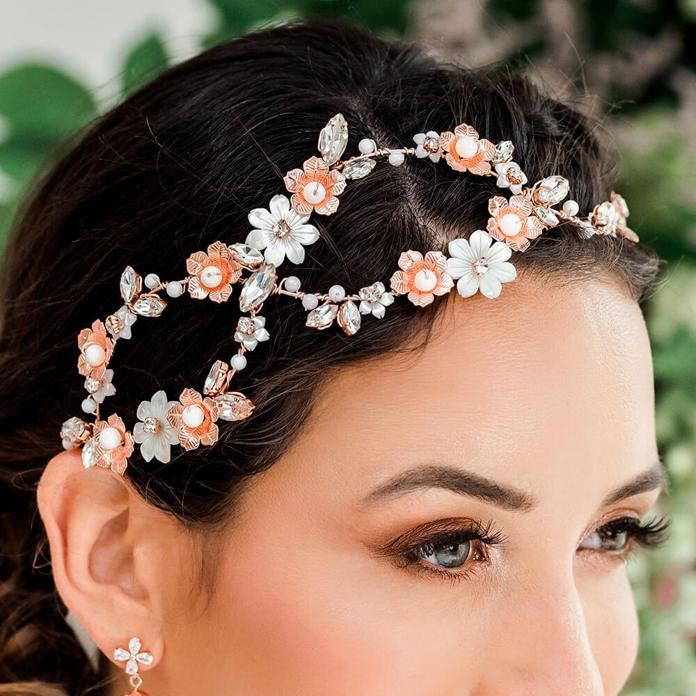 Rose gold Dahlia Infinity Floral Bridal Crown from side