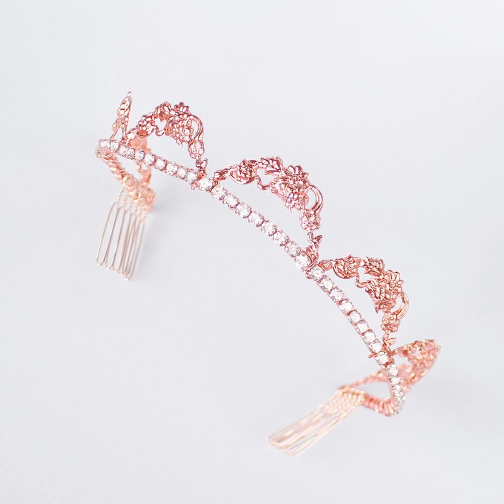Rose gold Delphine Crystal Bridal Tiara on grey