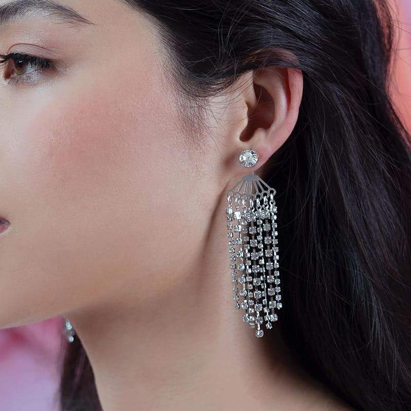 Deva Crystal Chandelier Earrings on left ear