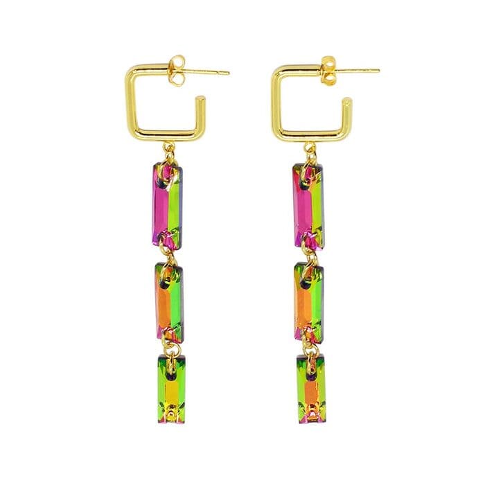 Dylan long rectangle crystal earrings rainbow with gold