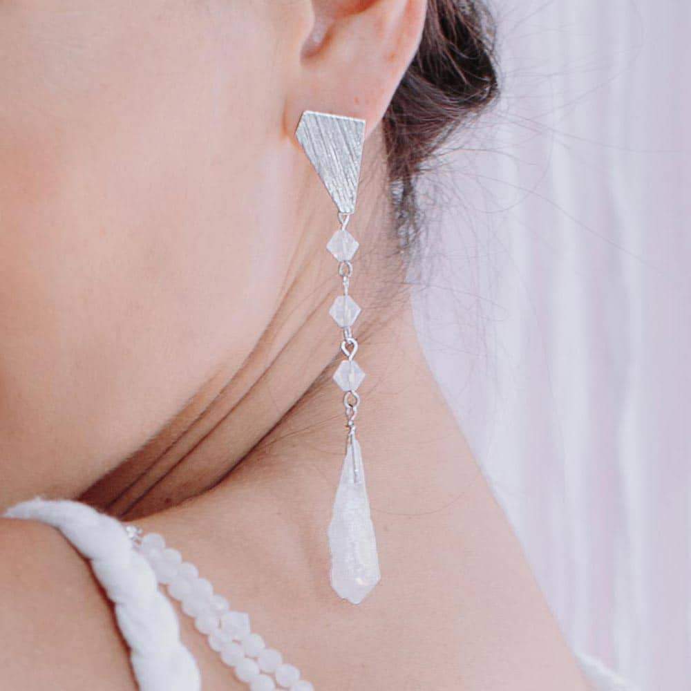 Ecca Quartz Drop Earrings left ear close up