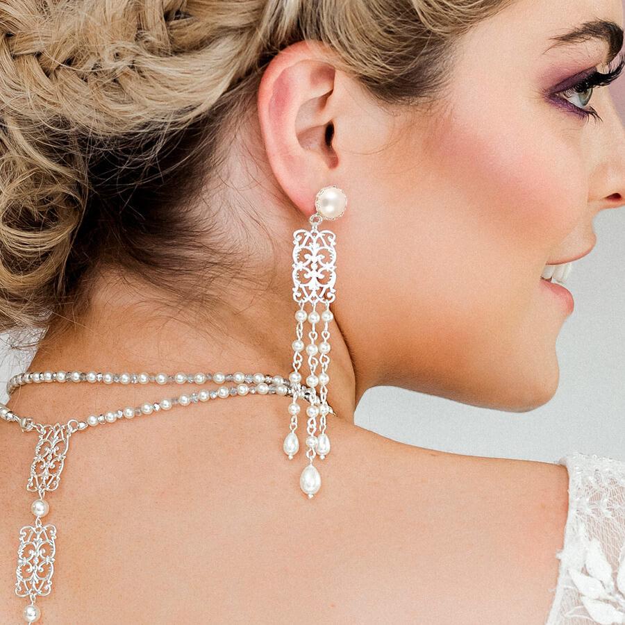Silver Ember Bridal Pearl Earrings from back