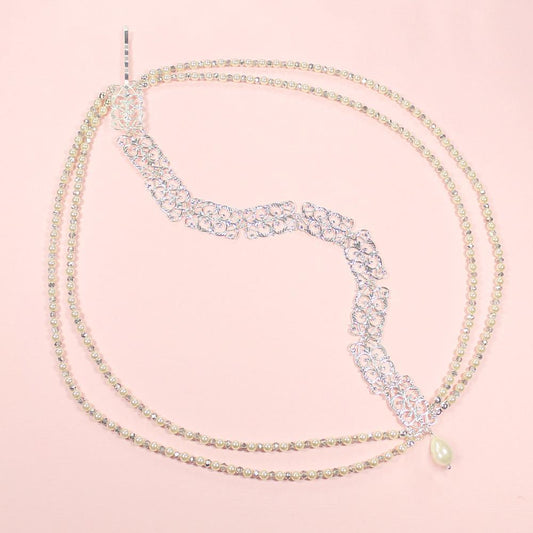 Silver Ember Boho Bridal Headpiece on pink