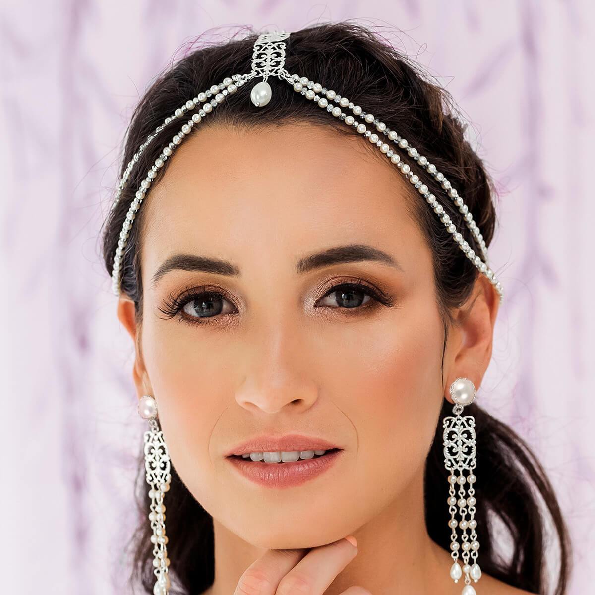 Silver Ember Boho Bridal Headpiece from front