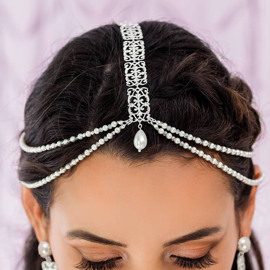 Silver Ember Boho Bridal Headpiece from top
