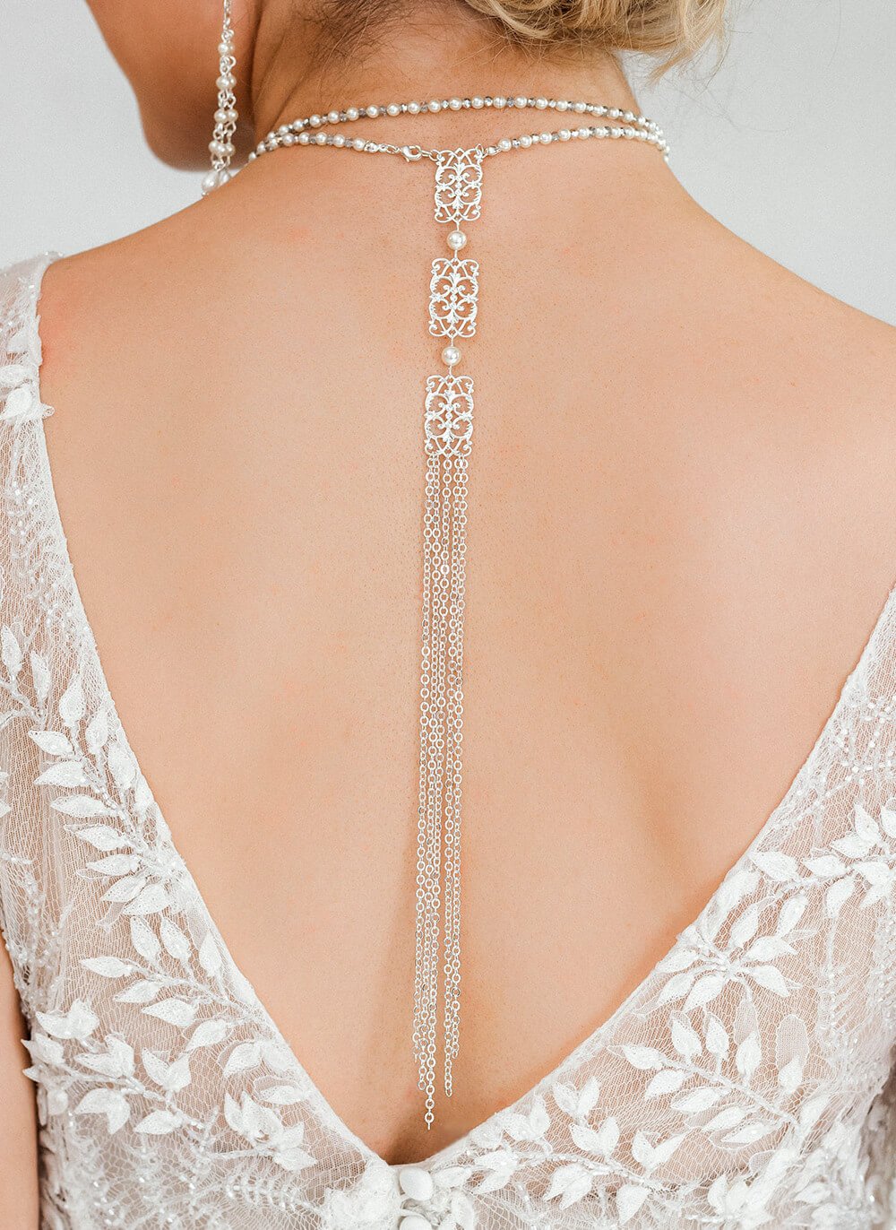 Silver Ember Bridal Backdrop Necklace on back