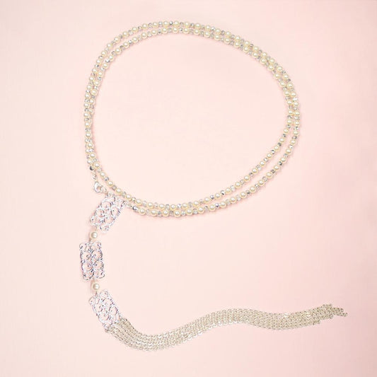Silver Ember Bridal Backdrop Necklace on pink