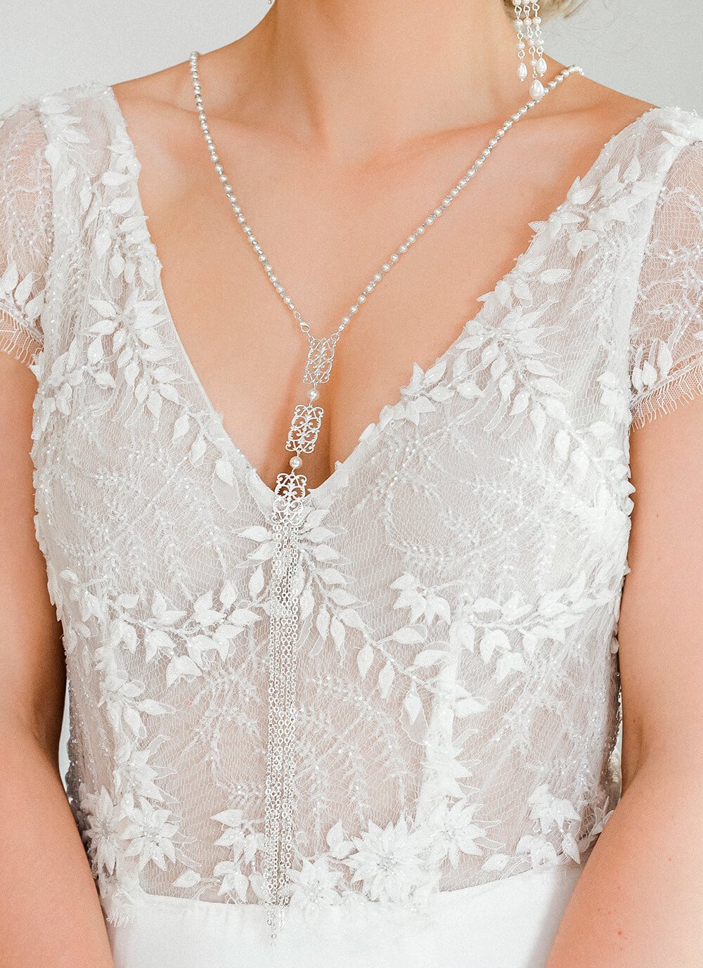 Silver Ember Bridal Backdrop Necklace on front