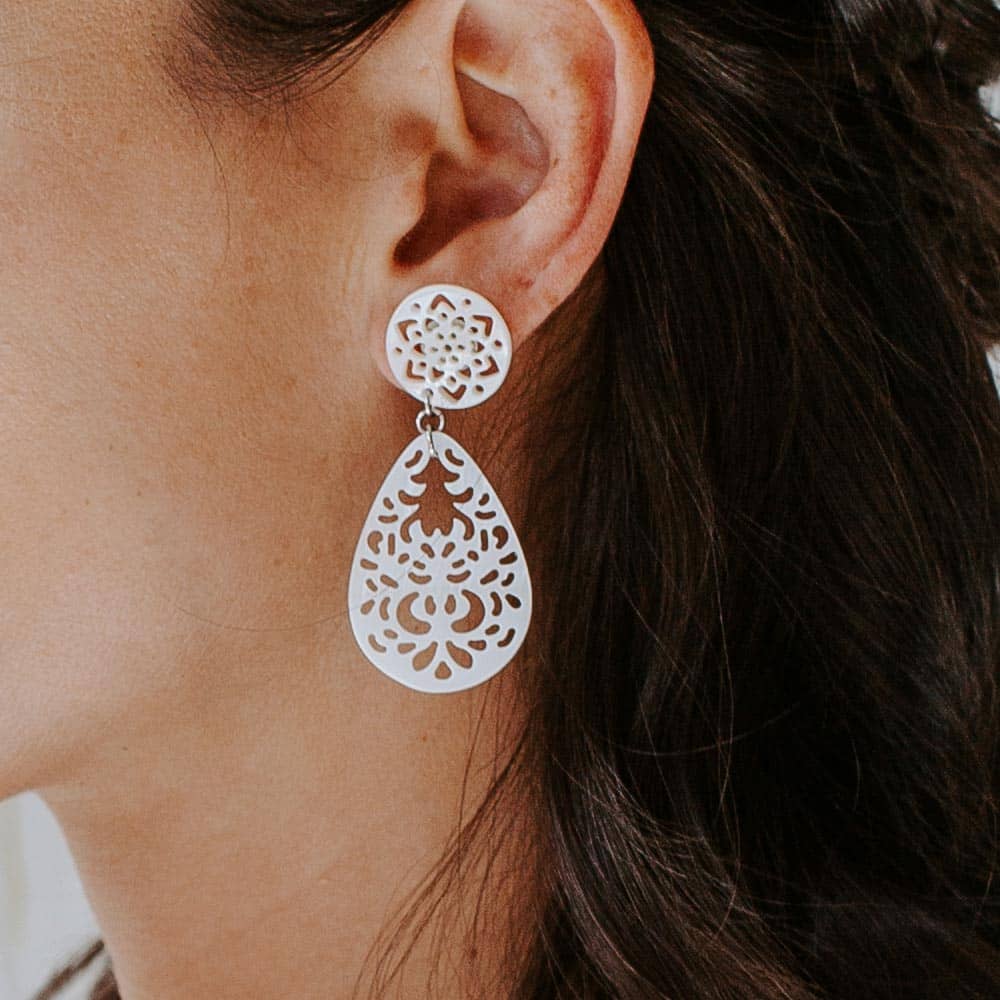 Erykah Lace Shell Earrings left ear closeup