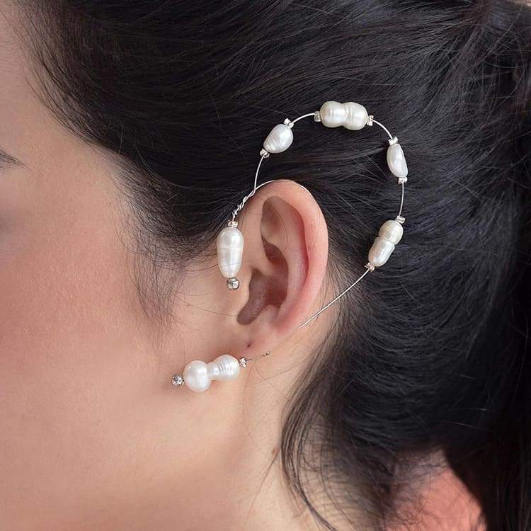 Silver Fallon Freshwater Pearl Ear Climber on left ear