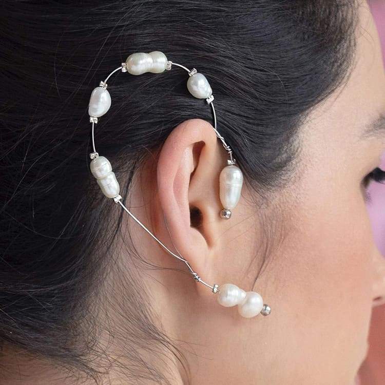 Silver Fallon Freshwater Pearl Ear Climber on right ear