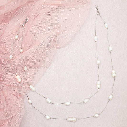 Silver Fallon Freshwater Pearl Back Necklace on pink